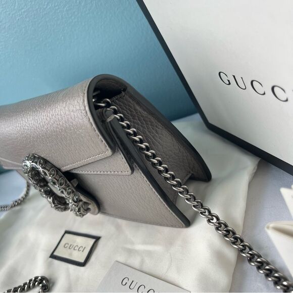 GUCCI Grey Leather Flap Dionysus Mini Chain SoHo Disco Dollar Crossbody + Box - Picture 8 of 14